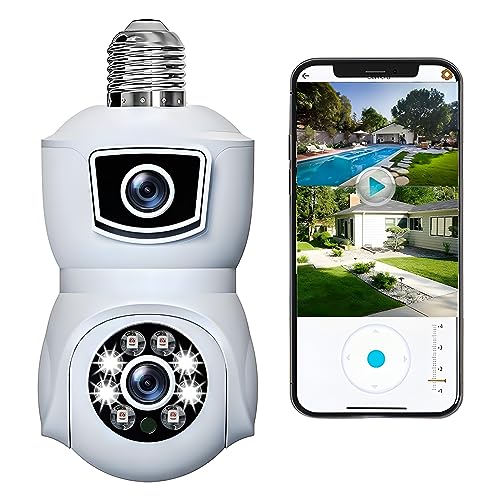 2K Light Bulb Security Camera, 2.4G WiFi Dual Security Cameras Wireless Outdoor Indoor Home Security, Light Bulb Camera 360 WiFi Outdoor Color Night Vision Motion Detection Alarm Auto Tracking