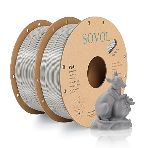 Sovol 3D Printer PLA Filament 2kg (4.4 lbs) Spool Printing Materials, Wiring Tightness, Dimensional Accuracy +/- 0.03 mm, 1.75 mm, Gray 2 Rolls