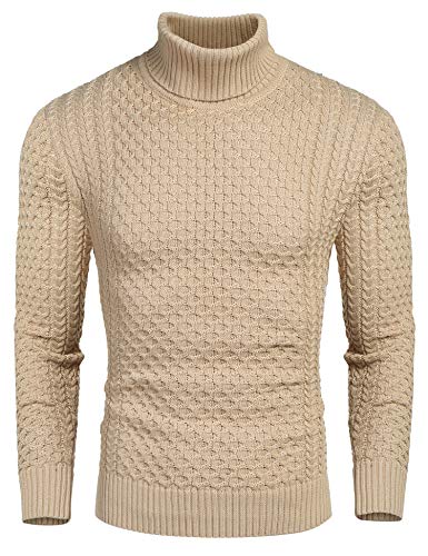 COOFANDY Men's Slim Fit Turtleneck Sweater Casual Knitted Twisted Pullover Solid Sweaters Khaki