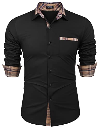 COOFANDY Men's Long Sleeve Button Down Shirts Casual Plaid Collar Dress Shirt Black X-Large