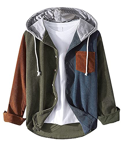 Ladyful Men's Color Block Hoodie Corduroy Shirt Button Down Long Sleeve Shacket