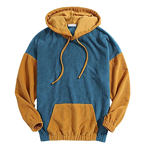 XXBR Corduroy Hoodies for Mens, Fall Winter Color Block Patchwork Hooded Sweatshirts Slim Fit Drawstring Casual Pullover Short Sleeve Long Sleeves Lapel Button-down Button Up V Neck O Round Crewneck