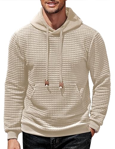 COOFANDY Men's Hooded Sweatshirt Long Sleeve Fashion Gym Athletic Hoodies Solid Plaid Jacquard Pullover with Pocket Khaki X-Large