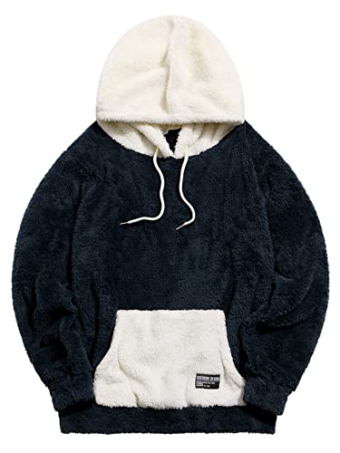 ZAFUL Color Blocking Fuzzy Hoodie Unisex Men Sherpa Pullover Loose Fluffy Sweatshirt Cadetblue-a S