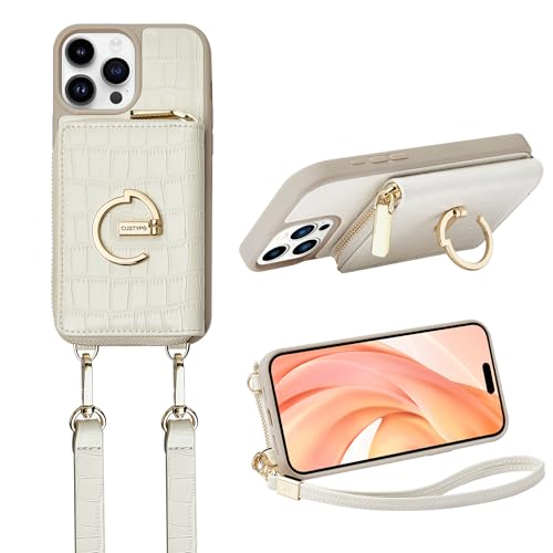 CUSTYPE for iPhone 15 Pro Max Case Wallet with Card Holder for Women, Crossbody Zipper Case with Strap Wrist, Protective Leather Case Purse with Ring for Apple 15 Pro Max 6.7inch 2023, Beige