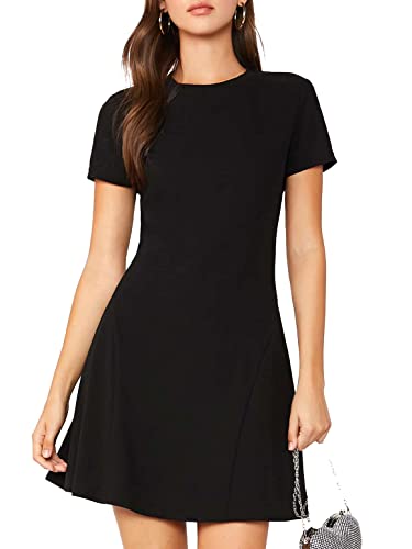 Verdusa Women's Casual Short Sleeve Round Neck Short Flared A Line Dress Black M