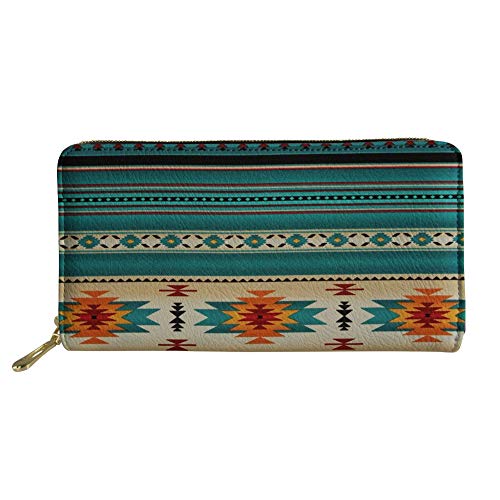 Poceacles Southwestern Native American Aztec Women's Zipper Wallets,Turquoise Stripes Print Leather Clutch Purse,Credit Card Cases