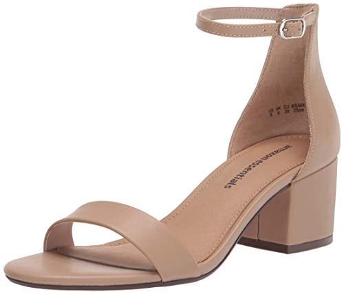 Amazon Essentials Women's Two Strap Heeled Sandal, Beige Faux Leather, 7.5