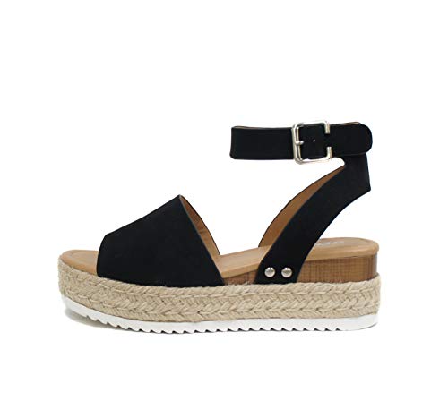 Soda Topic Open Toe Buckle Ankle Strap Espadrilles Flatform Wedge Casual Sandal (7, Black, numeric_7)