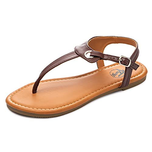 Trary Flat Sandals for Women Dressy Summer Thong Sandals for Women T Strap Adjustable Ankle Buckle Womens Sandals with Arch Support BROWN 085