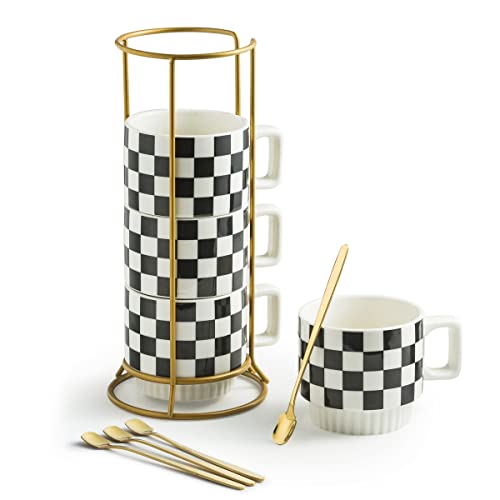 Miamolo Stackable Coffee Mug Set of 4 with Rack 11 oz Tea Cup Set with Tea Spoon Perfect for Coffee, Tea, Cocoa, Milk Chessboard Black and White Pattern Coffee Mug as Christmas Gifts