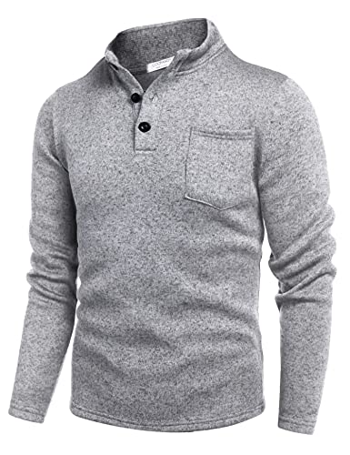 COOFANDY Mens Henley Sweatshirt Quarter Button Collar Mock Neck Pullover Sweater Grey