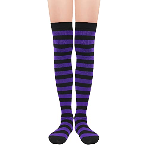 Womens Thigh High Socks Rainbow Knee High Socks Striped Stockings Over The Knee Long Socks Costume 1 Pack Purple Black