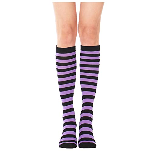 Uttpll Women Crazy Halloween Socks Athletic Running Baseball Stockings Striped Leg Warmers Colorful Novelty Knee High Long Socks Purple+Black One Size