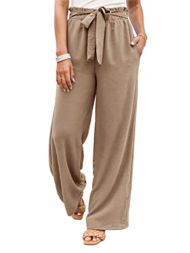 NIMIN Women's Wide Leg Pants Flowy High Waisted Work Pants Summer Casual Beach Pants Loose Lounge Pants with Pockets Dark Khaki Large