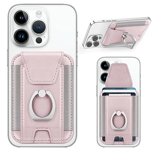 Magsafe Wallet with Phone Grip, Magnetic Phone Wallet, Leather Privacy Flap, Magnetic Wallet for iPhone 15/15 Pro/14 Pro Max/14 Pro/14/14 Plus/13/12 Series, (Not for 13/12 Mini), 7 Cards, Pink