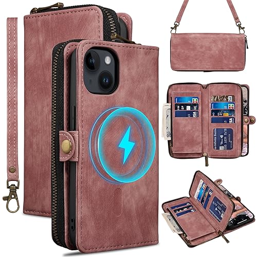 Rssviss Wallet Case for iPhone 15 Plus Crossbody with Card Holder Wrist Strap, Flip Zipper Case Compatible with Magsafe, RFID Blocking Purse Cover for iPhone 15 Plus Women Men 6.7 inch Pink