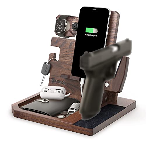 BarvA Adaptive Wood Gun Rack Phone Wallet Docking Station Military Watch Night Stand Key Holder Side Table Charging Station Self Defense Desk Organizer