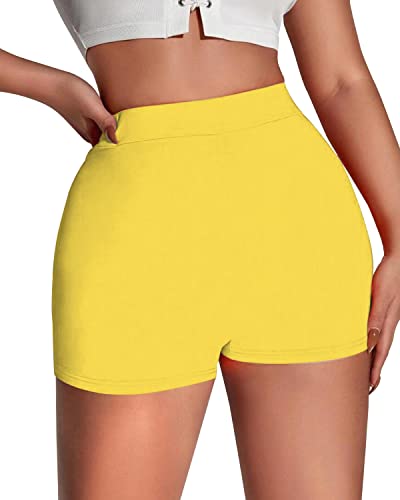 Xintorch Booty Spandex Shorts for Women Sexy Gym Biker Workout Solid Stretch Shorts Yellow