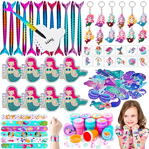 102Pcs Mermaid Party Favors for Kids Slap Bracelets Keychains Tattoos Stickers Coil Book Stationery Stickers and Pens Birthday Party Supplies for Girls Mermaid Goodie Bag Fillers