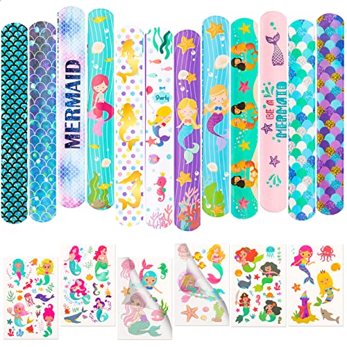 DoYoDoYa 36Pcs Mermaid Slap Bracelets Party Favors for Kids Girls Classroom Prize Gifts Temporary Tattoo Mermaid Goodie Bags Fillers