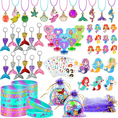 90 PCS Mermaid Party Favors for Girls Mermaid Birthday Supplies Bracelets Stampers Necklaces Rings Keychains Tattoo Stickers Post-it Notes Goodie Bags for Mermaid Birthday Party Supplies (Mermaid)