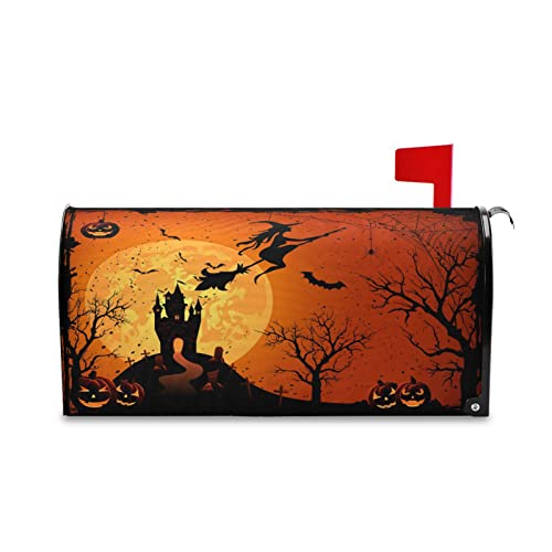 Pfrewn Happy Halloween Witch Spider Bat Castle Pumpkin Mailbox Cover Magnetic Standard Size,Trick Or Treat Autumn Ghost Letter Post Box Cover Wrap Decoration Welcome Home Garden Outdoor 21" Lx 18" W