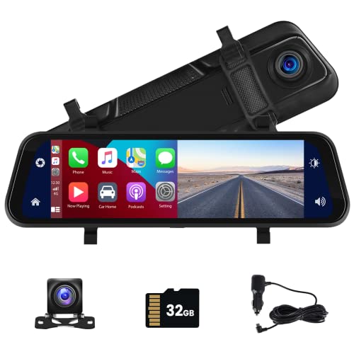 Hikity Car Dash Cam Wireless Apple CarPlay & Wireless Android Auto, 9.66 Inch IPS Touchscreen Front and Rear View Mirror Camera for Cars Trucks with 32G Card Voice Control