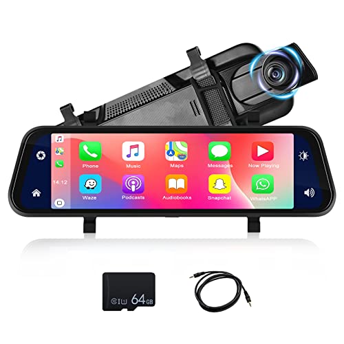 Mirror Dash Cam Wireless CarPlay & Android Auto, 9.66" IPS Full Touch Screen Dash Cam, Rear View Mirror Smart Screen for Cars & Trucks Night Vision, Parking Assistance WDR + 64G Card