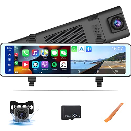 Mirror Dash Cam Wireless CarPlay & Android Auto, 11.26" Dash Cam Front and Rear Backup Camera Rear View Mirror Smart Screen for Cars & Trucks Night Vision, Parking Assistance Dual Cameras + 32G Card