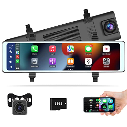 Car Mirror Dash Cam with Wireless Apple CarPlay Android Auto,11.26 inch HD Touchscreen Rearview Mirror Camera with Dual 1080P Front & Rear Camera Night Vision Loop Recording Monitoring Voice Control