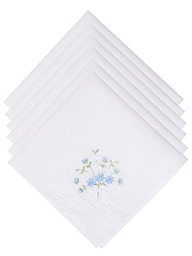 Selected Hanky Women's Cotton Handkerchiefs Flower Embroidered with Lace, Ladies Hankies 6 Pcs - Blue Floral