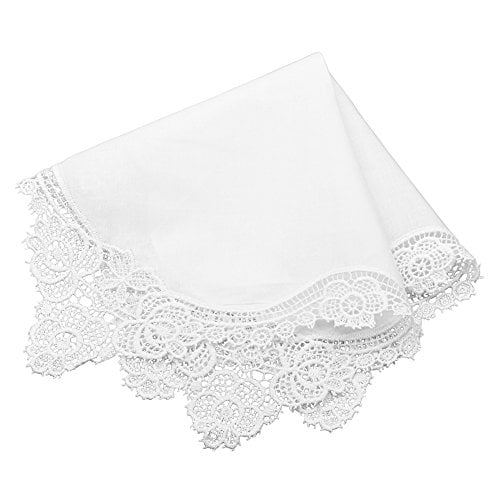 Milesky White Wedding Handkerchief Pure Cotton, Soft Ladies Hanky with Crochet Lace CH02