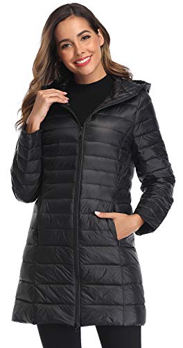 Obosoyo Women's Winter Packable Down Jacket Plus Size Lightweight Long Down Outerwear Puffer Jacket Hooded Coat Black XL