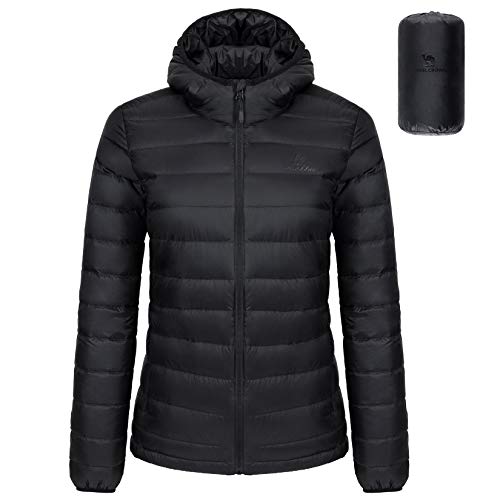 CAMEL CROWN Women's Packable Hooded Down Jacket Ultra Light Insulated Puffer Coat Water Resistant Black XXXL