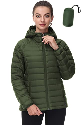 SLOW DOWN Women Lightweight Down Puffer Jacket, Women Hooded Packable Winter Jacket with 2 Packing Bag (Olive Green, L)