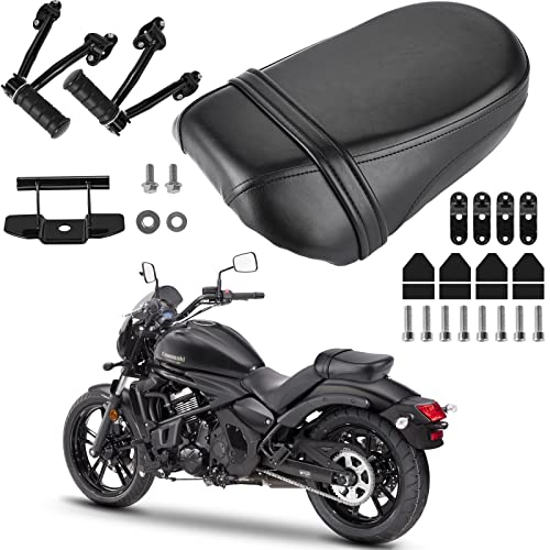 Black Synthetic Leather Rear Passenger Seat and Heavy Alloy Steel Foot Pegs Kit Compatible with Kawasaki Vulcan S 650 VN650 2015-2022