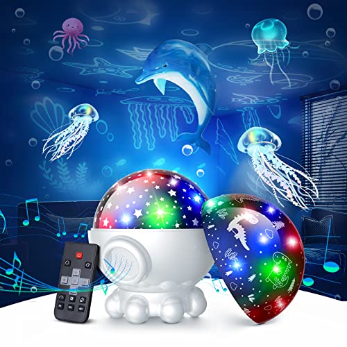 DOFLER Night Light Projector,Ocean Star Night Light for Kids Room,Dinosaur Toys with 360 Rotation,Remote and Timer,3 Projection Films,17 Light Modes,9 Lullaby Songs,Birthday Christmas Gifts -White