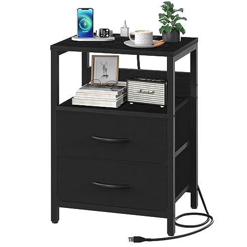 Yoobure Nightstand with Charging Station, Small Night Stand Fabric Drawers and Storage Shelf for Bedrooms, Nightstands Spaces, Bedside Table USB Ports & Outlets, Bed Side Black