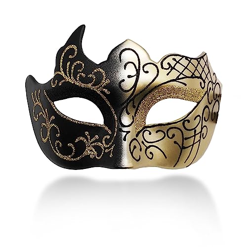 Ralleyfun Masquerade Mask for Men Couple Roman Greek Mask for Venetian Mardi Gras Costume Party Prom Ball (Black+Gold)