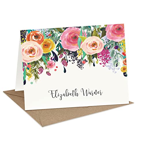 Personalized Stationery Folded Note Card and Envelopes Set (A2 & A7) - Floral Folded Card w/Custom Name, Text, & More - Elegant Thank You Cards Stationery - Classy Desk Supplies - Multi-Flower Folded