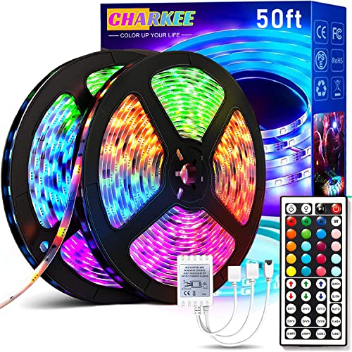 CHARKEE LED Lights for Bedroom 50 ft, Color Changing LED Strip Lights with 44-Key Remote, 12 Volt RGB SMD5050 Tape Lights for Bedroom, Room Decor, Indoor,IG,TikTok,DIY(44key Remote+25ftX2)