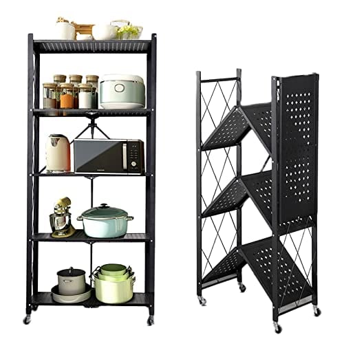 BRIGHTSHOW 4-Tier Storage Shelves, Collapsible Metal Shelf Organizer for Garage/Pantry/Kitchen/Sunroom Foldable Shelving Unit Heavy Duty Wire Shelving Show Rack with Wheels Moving Easily