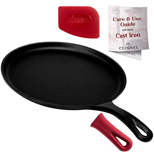 Cuisinel Cast Iron Round Griddle - 10.5" Crepe Maker Pan + Silicone Handle Cover - Pre-Seasoned Comal for Tortillas Flat Skillet - Dosa Tawa Roti Grill - Oven, Stove, BBQ, Fire, Smoker, Induction Safe