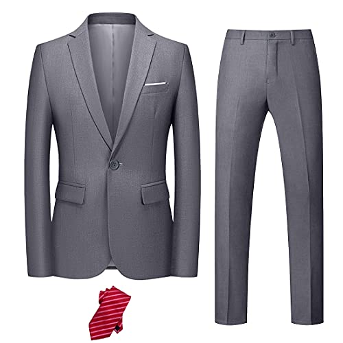 YND Men's Slim Fit 2 Piece Suit, One Button Jacket Pants Set with Tie, Solid Party Wedding Dress Blazer, Tux Trousers, Light Grey