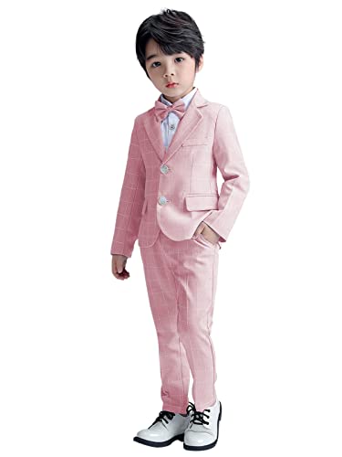 LOLANTA Boys Suit Wedding Ring Bearer Outfit Kids Suit Set, Plaid Blazer Suit Pants Bow Tie (Pink 8-9 Years)