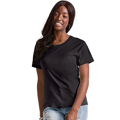 Hanes Originals Cotton T-Shirt, Classic Crewneck Women's Tee, Curved Back Hem, Black, Medium