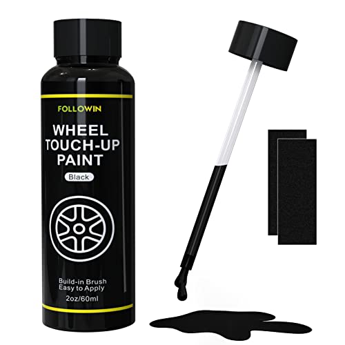 FOLLOWIN Black Rim Touch Up Paint for Cars 2OZ(60ml), Black Wheel Paint Repair Kit, Automotive Rim Scratch Repair, Touch up Paint Kit with Brush, Repair Rim Curb Rash, Wheel Scratch, Surface Damage Quick and Easy, Touch Up Paint Bottles with Brush