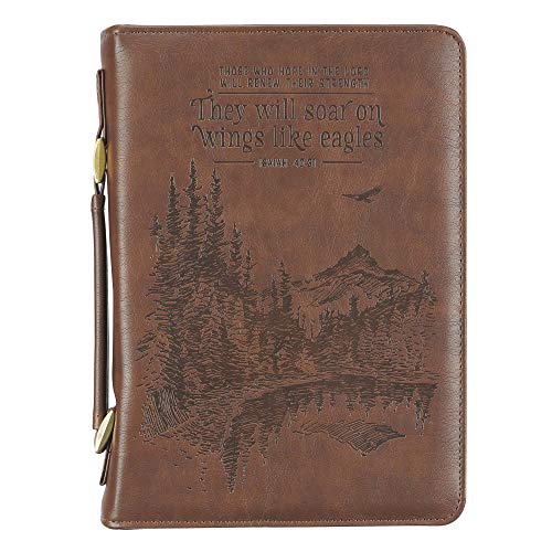 Christian Art Gifts Men's Classic Bible Cover On Wings Like Eagles Mountain Isaiah 40:31, Brown Faux Leather, Large