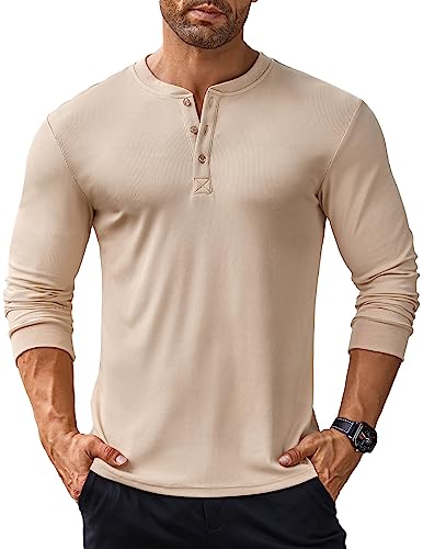 COOFANDY Mens Henley Casual Stylish Long Sleeve Shirts Lightweight Button T-Shirts Khaki